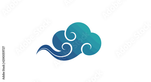 Elegant stylized blue cloud illustration with many decorative swirling patterns representing wind and weather.