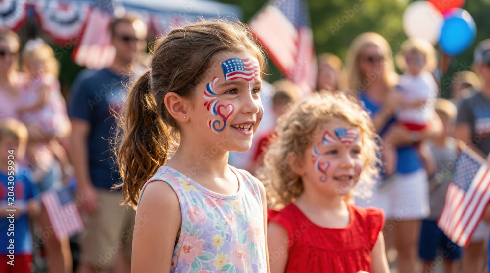 Fototapeta premium Happy children with patriotic face paint enjoying Fourth of July community celebration, joyful USA holiday concept highlighting childhood happiness, family fun, national pride and festive spirit