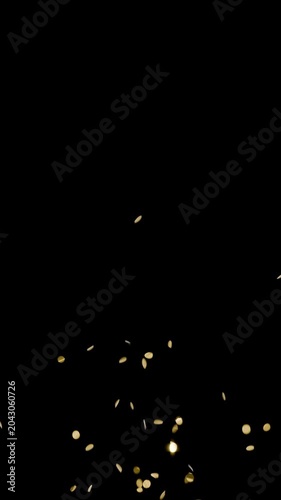 Realistic gold circular confetti animation burst on black background with green screen and alpha matte