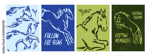 Horse posters set with motivational phrases, inspirational quotes. Hand-drawn...