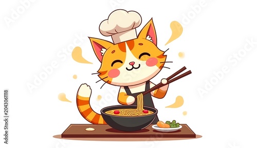 Cute Cat Chef Cooking Spaghetti Cartoon Character