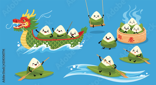 Cute cartoon characters shaped like traditional zongzi rice dumplings celebrate Dragon Boat Festival by racing in a green dragon boat.