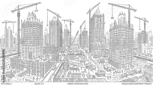 Foto Detailed architectural drawing of a city under construction with numerous skyscrapers and cranes