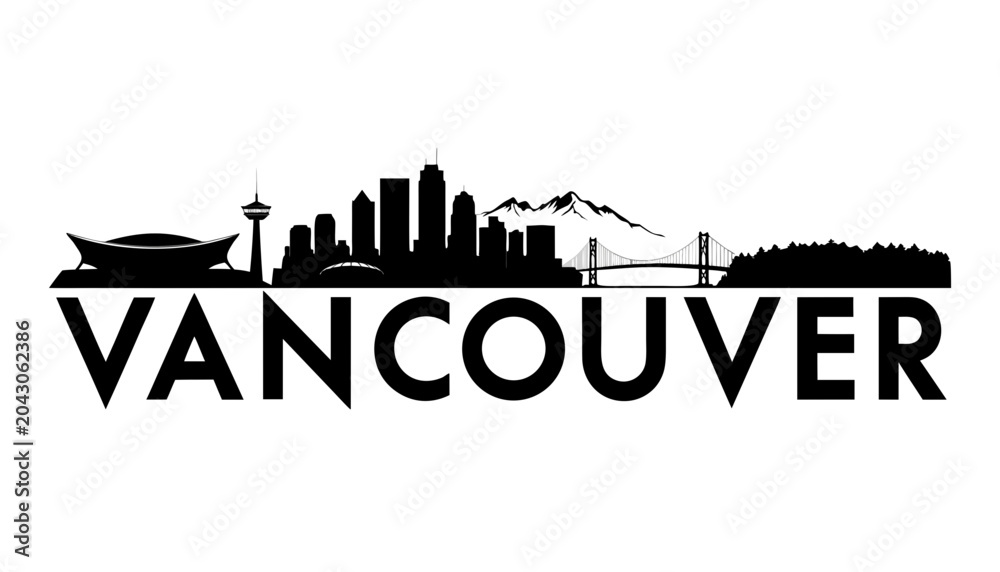 Obraz premium Vector illustration of Vancouver skyline in black silhouette, with “VANCOUVER” text, on white background, modern city identity and tour