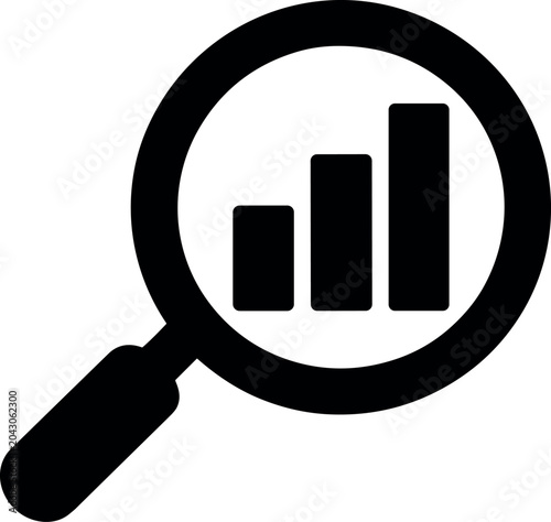 Magnifying glass with growing bar chart silhouette icon for data analysis isolated on white background