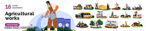 Farm workers do agriculture works set. Farmers rural life with crop plants, h...