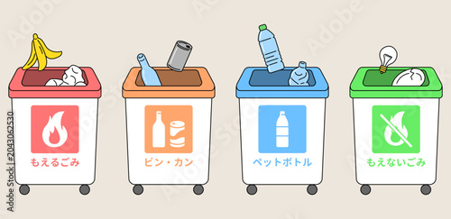 Konstfotografi ごみ分別用の4種類のごみ箱とごみのイラストセット。Set of four types of recycling bins and trash illustrations for waste separation