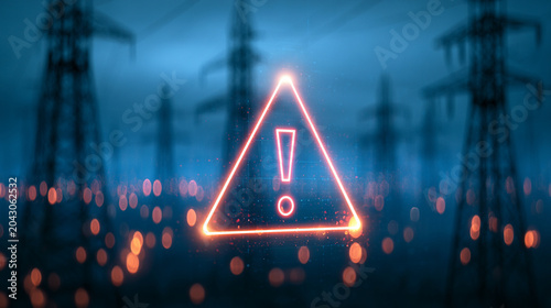 A warning triangle exclamation mark symbol on power grid infrastructure background

