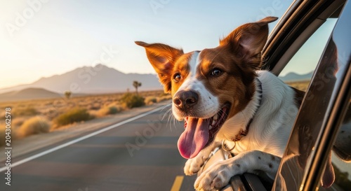 Happy dog enjoying summer vacation road trip canine companion out the car window