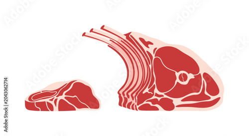 Realistic vector illustration of raw lamb chops and a piece of meat showing marbling and bone structure for butcher shop or culinary concepts.