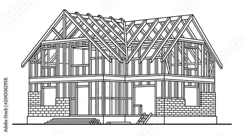 Schilderij op canvas Timber Frame House Construction Blueprint.