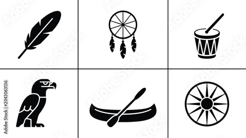 Native american culture elements. feather, dreamcatcher, drum, eagle, canoe, medicine wheel.