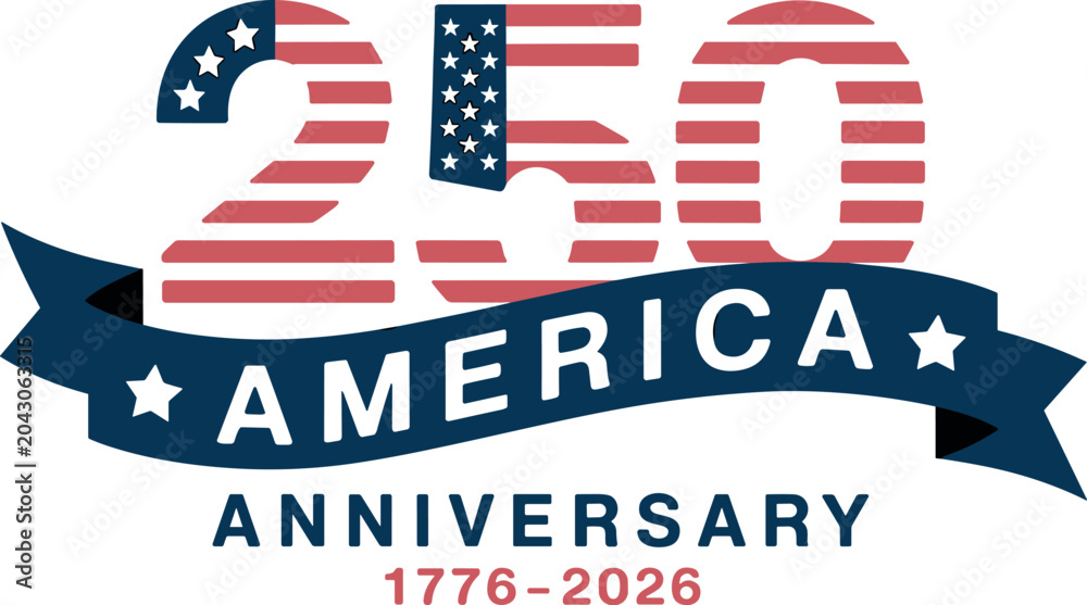 Obraz premium United States semiquincentennial 250th independence day anniversary celebration vector logo with American flag numbers ribbon and stars design