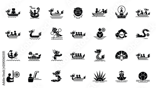 Collection of dragon boat festival symbols and elements in black and white.