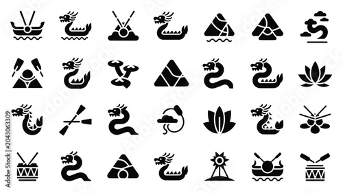 Collection of dragon boat festival icons with stylized rowing vessels and lotus elements.