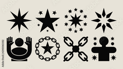 Canvastavla Set of eight diverse black vector icons including stars, person with raised hands, and chains