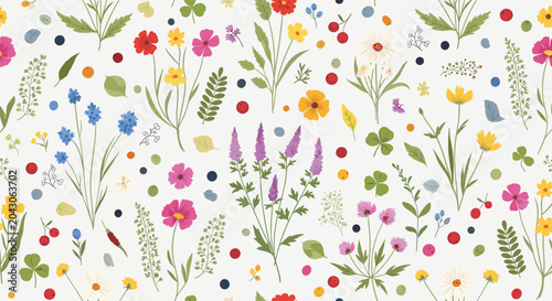 Beautiful seamless pattern of various wildflowers berries and herbs in a vibrant garden style for botanical wallpapers or fabric print design.
