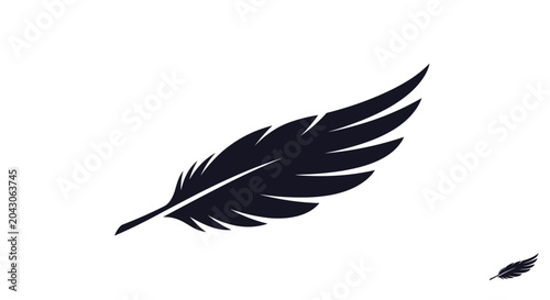 Minimalist black feather silhouette illustration on a white background representing lightness elegance and soft quill writing for modern logos.