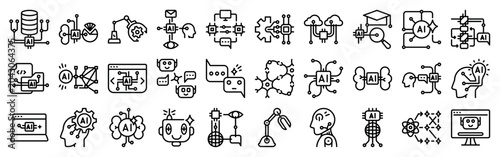 Artificial intelligence and machine learning outline vector icon set with editable stroke