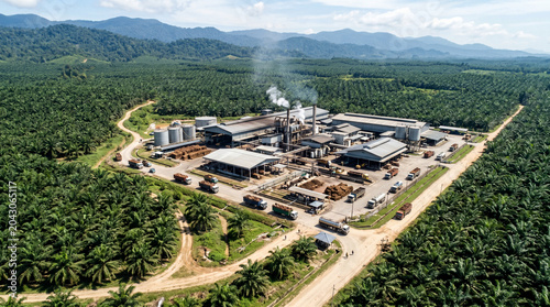 Canvastavla Establishing drone shot of huge palm oil plantation and factory, agriculture and industry in Malaysia