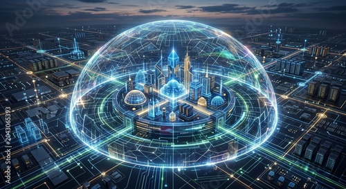 Data sovereignty concept with glowing blue cityscape inside a futuristic transparent sphere at dusk
