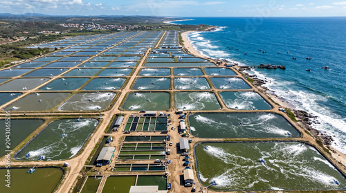 Foto Aerial view of fish farm with ponds growing fish and shrimp and other seafood