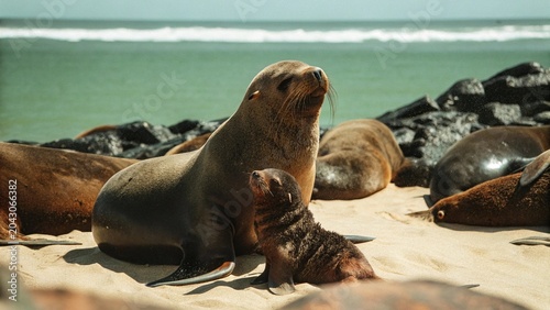 Photos Female cape fur seal (arctocephalus pusillus pusillus) giving birth, on a beach