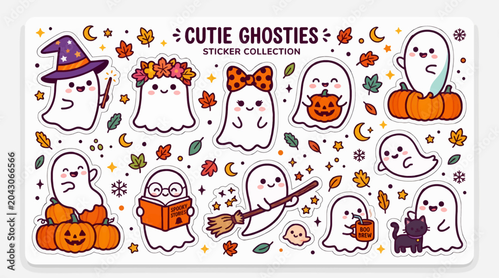 Obraz premium Cute Halloween Ghost Sticker Collection with Pumpkins, Witch Hat, Broom, and Black Cat, Flat Vector Illustration with Autumn Leaves and Stars, Playful Spooky Design Elements