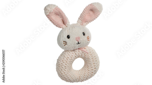 Schilderij op canvas Cute plush textile baby rattle toy shaped like a white rabbit isolated on transp