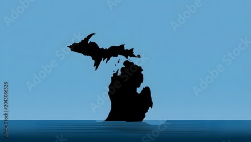 Silhouette of Michigan Map Shape Emerging From Dark Ocean at Dusk