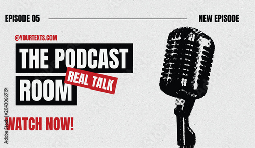 Foto Podcast room illustration with microphone and text promoting episode five