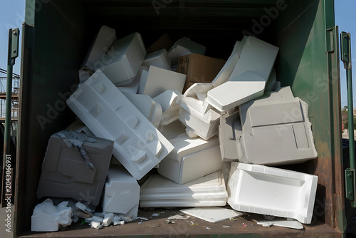 Expanded Polystyrene Waste in Industrial Dumpster – Foam Packaging Disposal, Recycling Challenge, Plastic Pollution and Waste Management