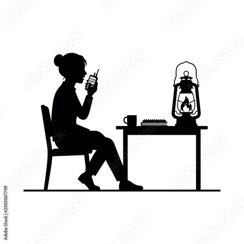 Fotografie Girl Sitting on Chair with Mug and Kerosene Lamp.eps