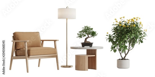 Minimalist living room with wooden furniture and a tall indoor plant in a white pot beige sofa wooden coffee table