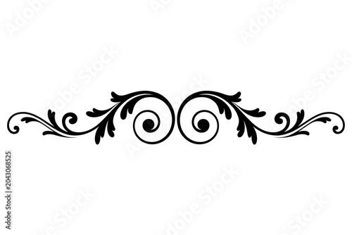 Ornate black decorative flourish with symmetrical scrolls and swirls in classical baroque style for elegant design elements