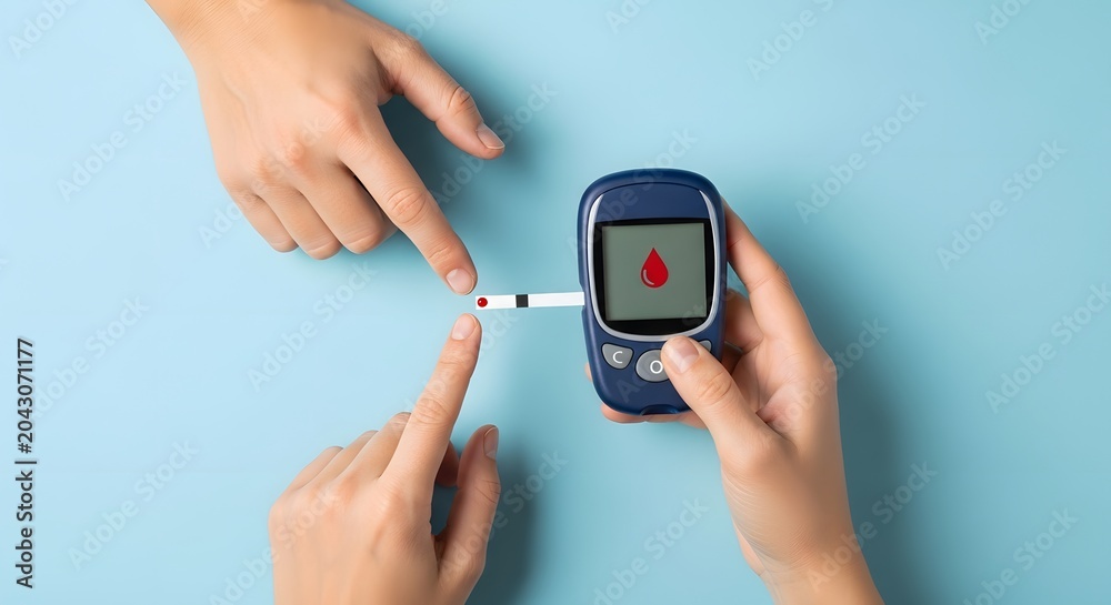 Fototapeta premium Two hands using a blood glucose meter to check blood sugar levels, with a red blood drop icon on the screen.