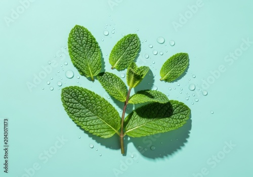 Fresh green mint leaves with water droplets on a light mint green background