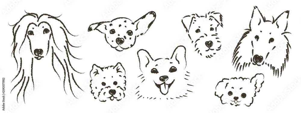 Fototapeta premium Vector set of hand drawn dog faces with textured charcoal outlines. Minimalist puppy heads doodles collection isolated on white background for pet shop branding veterinary clinic logo and textile prin