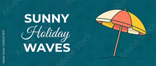Summer beach banner background umbrella with sunny holiday waves text and tropical palm leaf vector pattern illustration. Colorful parasol on teal website design backdrop for seasonal travel marketing