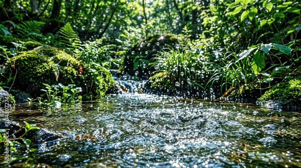 Fototapeta premium A serene forest stream with lush greenery and sparkling water droplets in sunlight