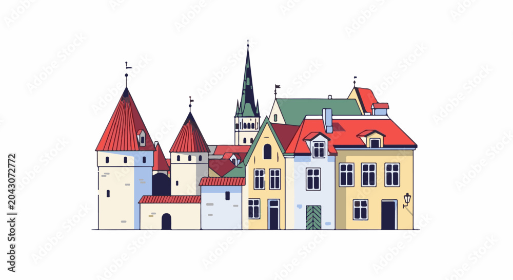 Fototapeta premium Stylized illustration of a European city skyline with varied rooftops