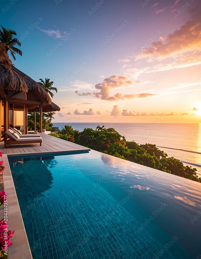 Obraz premium A serene infinity poolside retreat overlooking the ocean at sunset