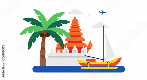 Tropical getaway with palm tree, temple, sailboat, and plane