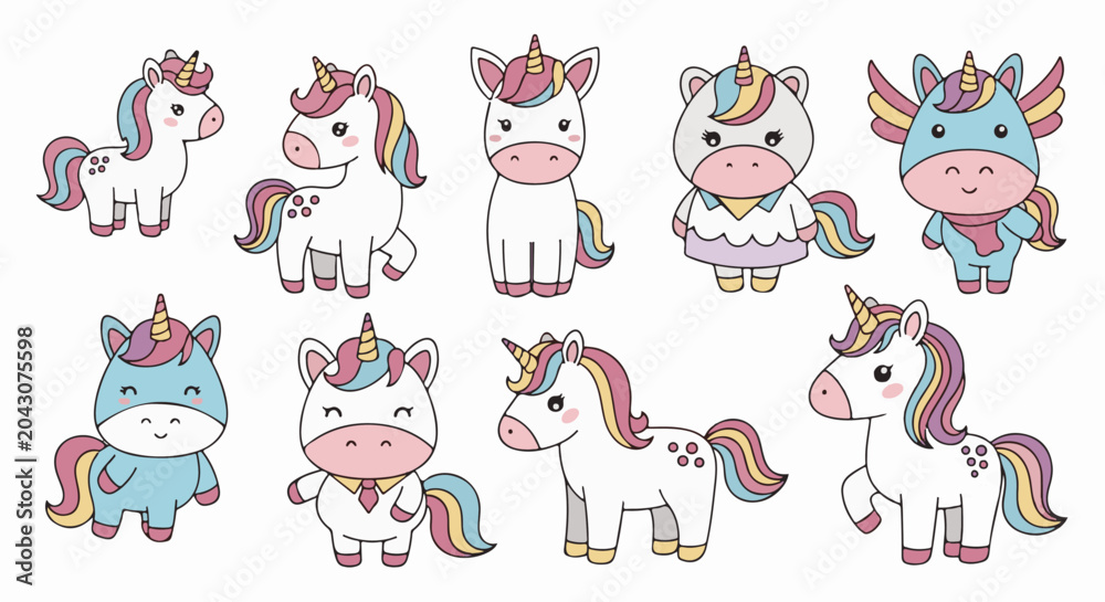 Fototapeta premium Ten adorable, colorful, cartoon unicorns with rainbow manes