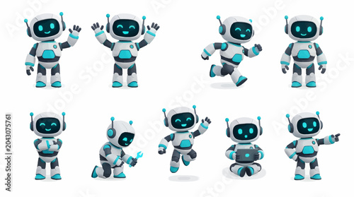 Cute Robot Character Collection with Nine Different Poses, Including Waving, Running, Working, and Using a Tablet, Flat 3D Illustration Style with Teal and White Accents