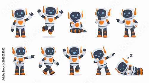 Cute Flat Design Robot Character Collection Showing Nine Different Poses and Emotions, Including Waving, Jumping, Thinking, Pointing, Walking, Dancing, and Sleeping, Vector Illustration