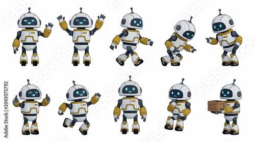 Obraz na płótnie Cute Robot Character Collection with Nine Different Poses and Expressions, Flat