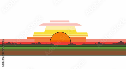 Stylized sunset with layered colors over a multi-layered ground