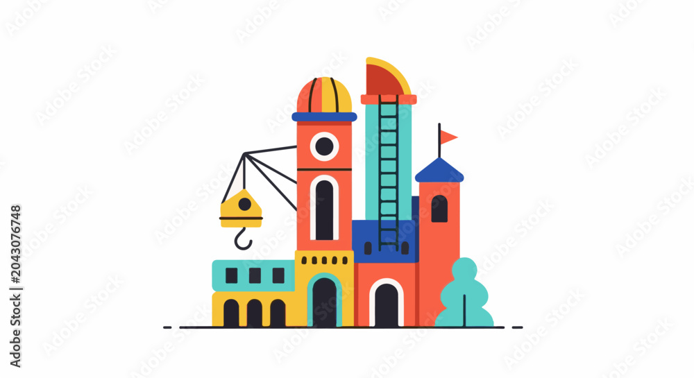 Naklejka premium Whimsical construction site with colorful buildings and a crane