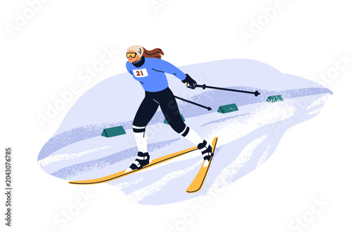 Woman skiing down on mountain slope. Professional female athlete during winte...